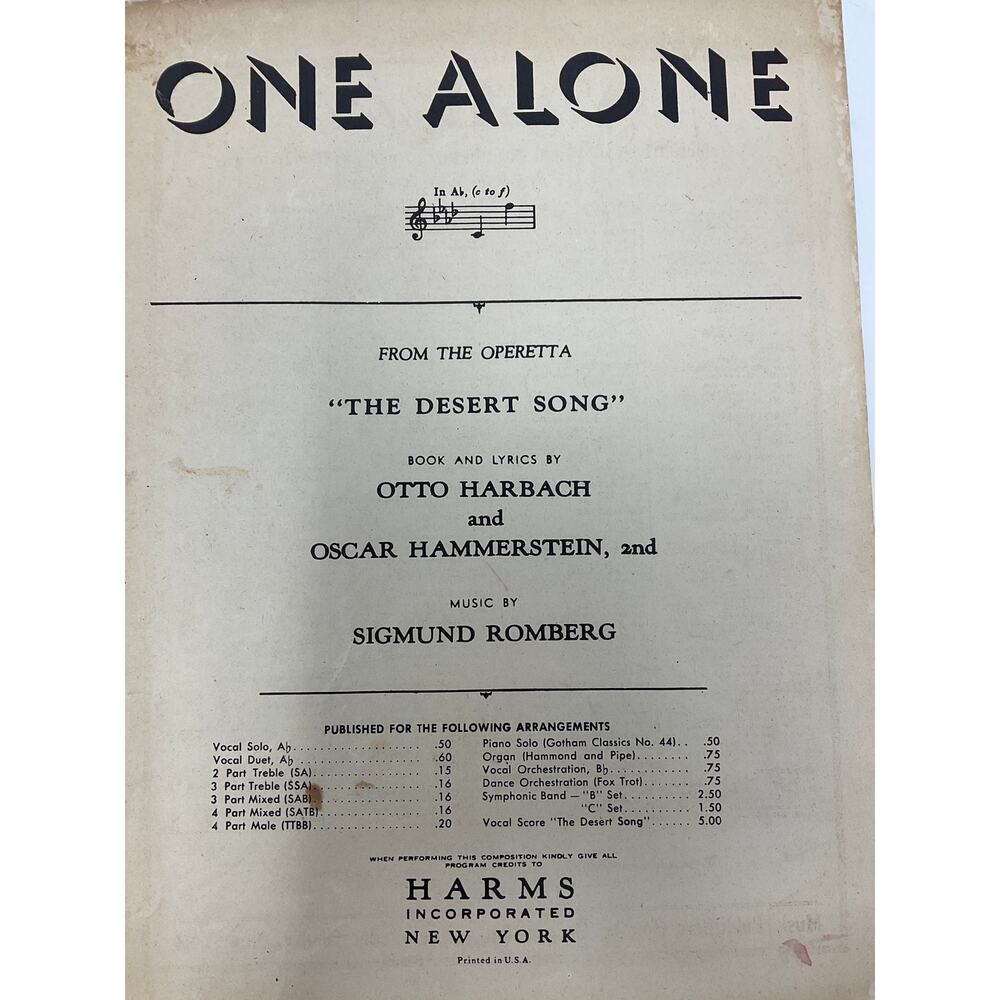 One Alone Sheet Music 1926 Harbach Hammerstein‎ Romberg